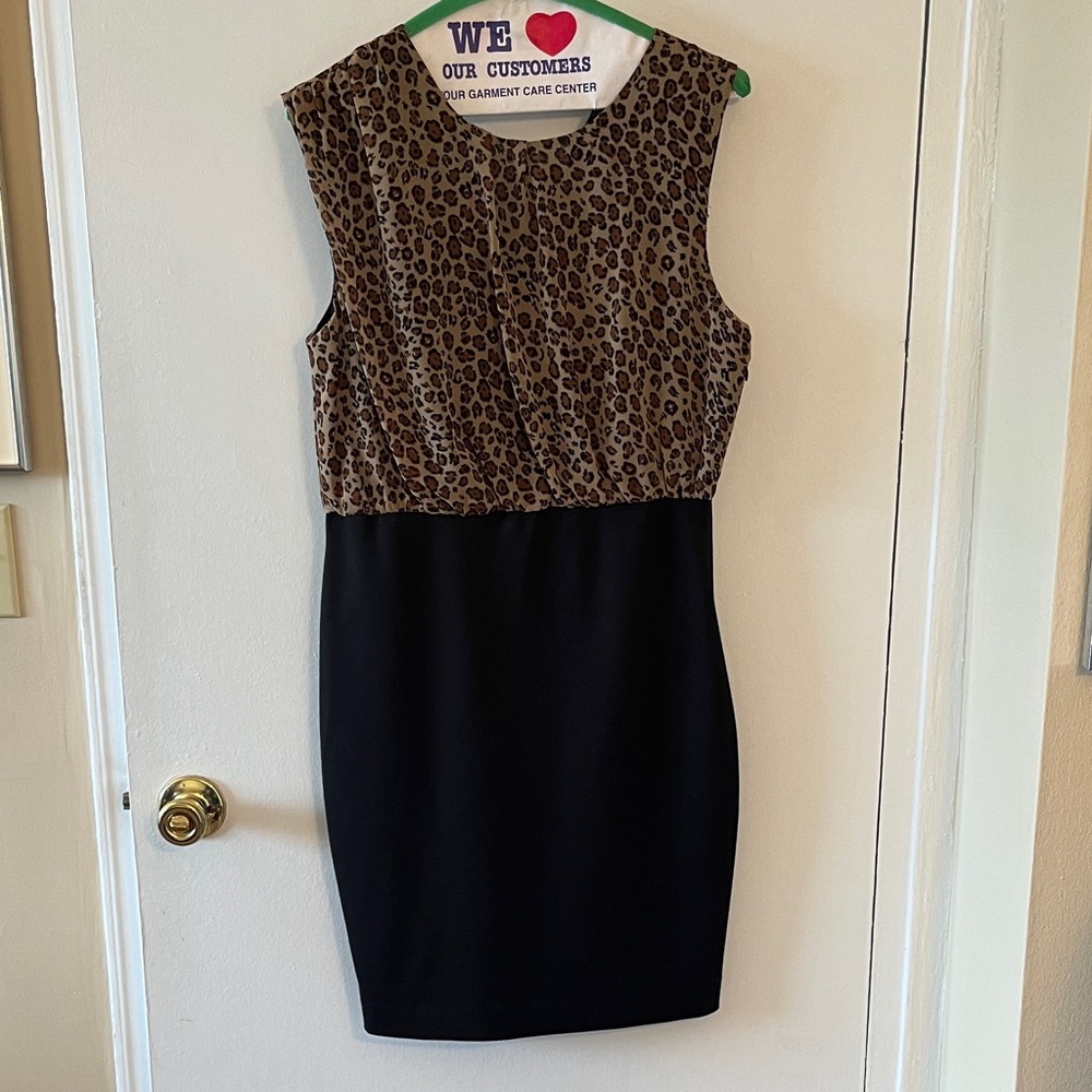 Taylor STRETCH bottom, poofy asymmetrical top Leopard and Black Dress